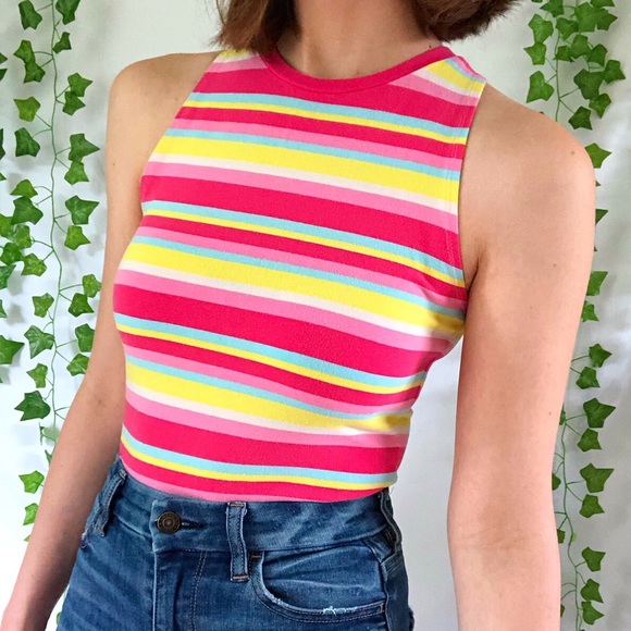 Vintage 90s or Y2K bright rainbow striped high necked tank top - Picture 2 of 4